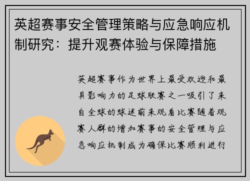 英超赛事安全管理策略与应急响应机制研究:提升观赛体验与保障措施 英超赛事安全管理策略与应急响应机制研究:提升观赛体验与保障措施