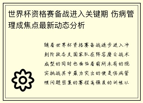 世界杯资格赛备战进入关键期 伤病管理成焦点最新动态分析 世界杯资格赛备战进入关键期 伤病管理成焦点最新动态分析